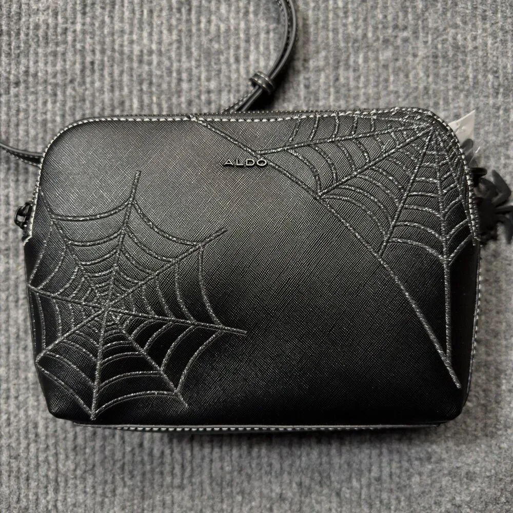 Aldo Black Silver Spider Web Purse Crossbody Bag Spider Charm Halloween Goth NEW